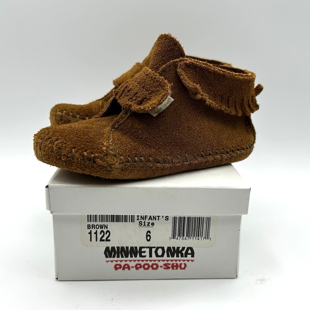 Vtg Minnetonka Brown Suede Moccasin Booties Infant Sz6 PaPooShu Fringe Boho Baby
